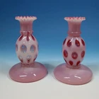 Fenton Art Glass - Opalescent Cranberry Pair of Coin Dot Candlesticks - 5½ inch