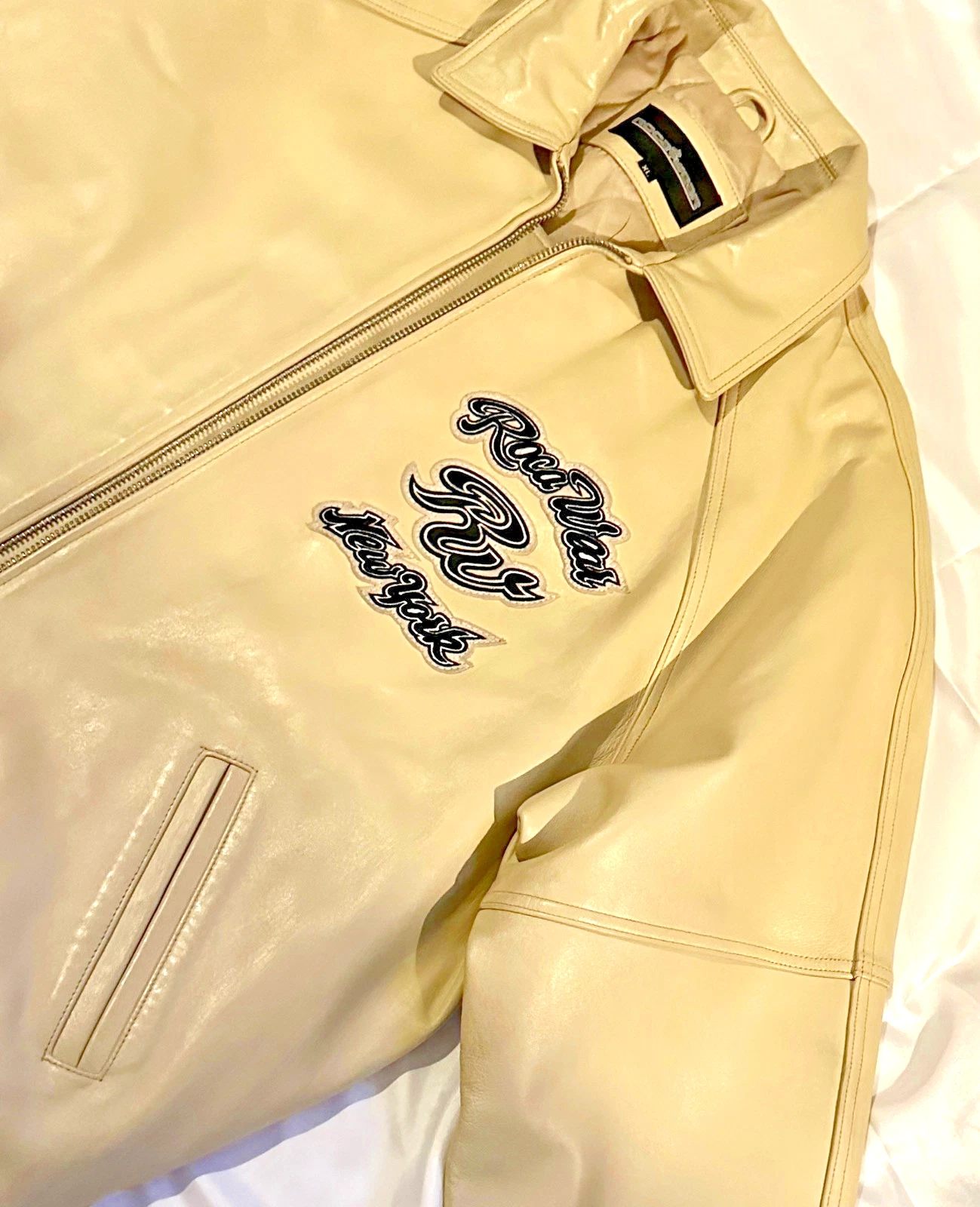 RARE Vintage Y2K Rocawear "Lion Head" Leather Varsity Jacket Beige Black Sz XL image 11