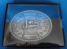 JUSTIN Brand SILVER TONE WESTERN BELT BUCKLE New NIB  Engravable Great Gift
