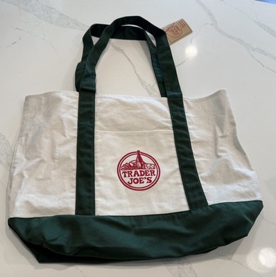 Trader Joe's @TM Reusable Cotton Blend Large Tote Bag Green Embroidered Pocket
