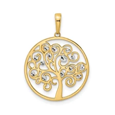 14k Yellow-Rhodium Gold Tree of Life Pendant Round Openwork Diamond Cut Women