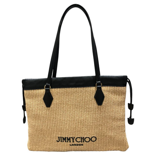 JIMMY CHOO Drawstring Tote Medium Soft Raffia Smooth Calf Leather Beige Black