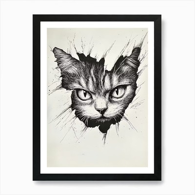 Angry Cat Watching from Wall Hole 2 gerahmtes Wandbild Poster Leinwanddruck Bild