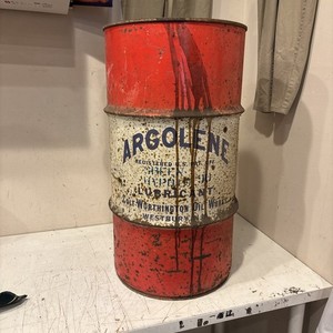 Vintage Large ARGOLENE ARGOMATIC Oil Lubricant Westbury NY Barrel Can 27” High