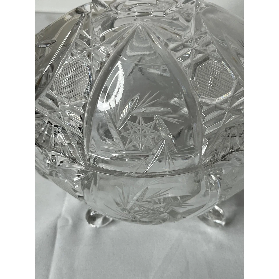 Plato de caramelo de cristal alto vintage con patas con tapa de vidrio cortado patrón Starburst pesado Foto 4 de 4