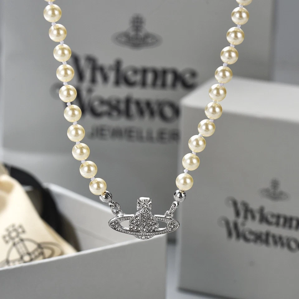 Vivienne Pearl Choker Necklace Silver Orb Pendant No Extended Chain - Image 2 of 4