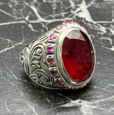 Men's 925 Sterling Silver Oval Red Ruby Ring Floral Design Statement Ring