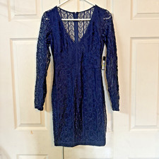 GUESS Floral Mix Lace Dress Solid Navy Blue Long Sleeve Mini Party Bodycon NWT