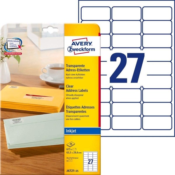 Avery Zweckform J4721-25 Adressetiketten/Adressaufkleber (675 Etiketten, 63,5X29-image