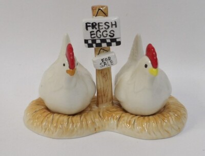 Big White Hens on Nest - Eggs for Sale - 3 Piece Salt Pepper Shaker Set