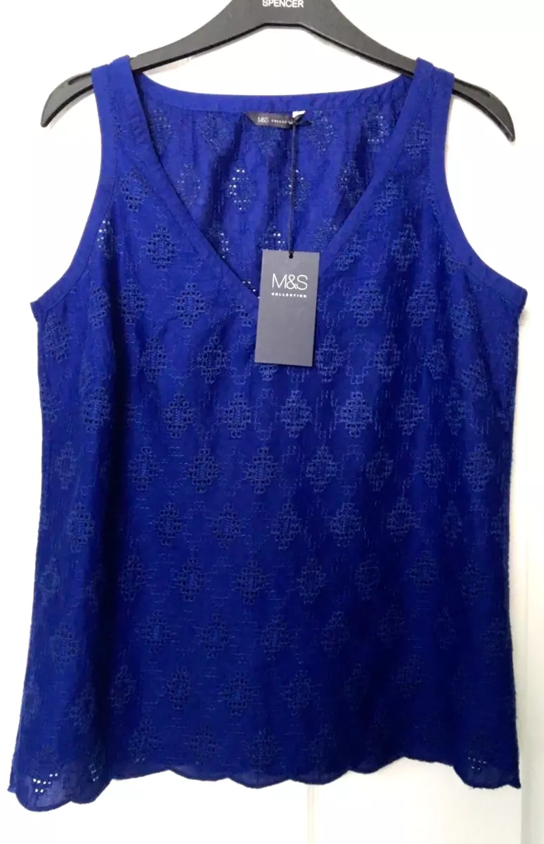 M S Ladies Cobalt Blue Top Embroidery Lace 100 Cotton Blouse 8