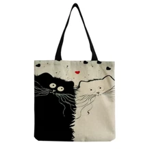 Medium Canvas Shopping Bags Whimsical Cat, Horse Print  14"x15"