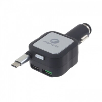 Car Charger Retractable 4.8Amp Type-C 2-Port USB Fast Charge DC for Cell Phones