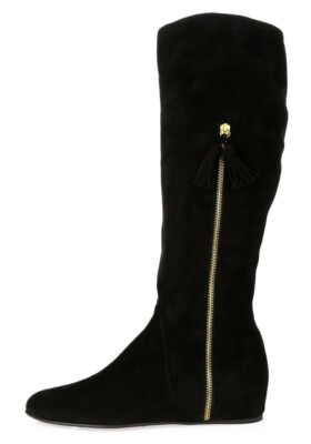 Stuart Weitzman Tass Black Suede Hidden Wedge Boots Zip Tassels Size 7.5 M $695