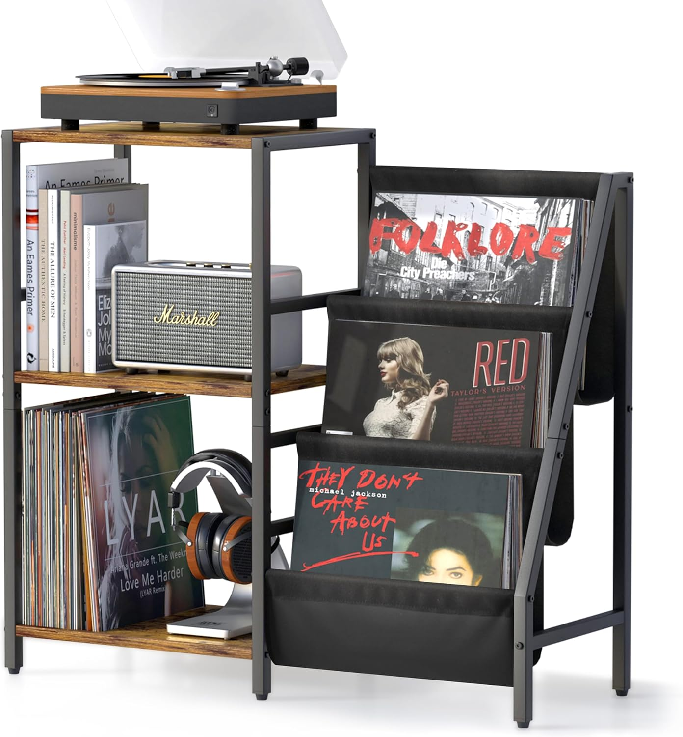 Vintage Stereo Record Player Stand with 200 LP Storage & Turntable Display