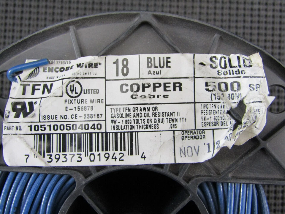 ENCORE WIRE 105100504040 TFN 18 AWG 500FT BLUE SOLID COPPER FIXTURE WIRE - Image 2 of 2