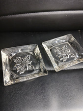 Pair Of Vtg Clear Glass Holiday Christmas Ashtrays Embossed Raised Poinsettias
