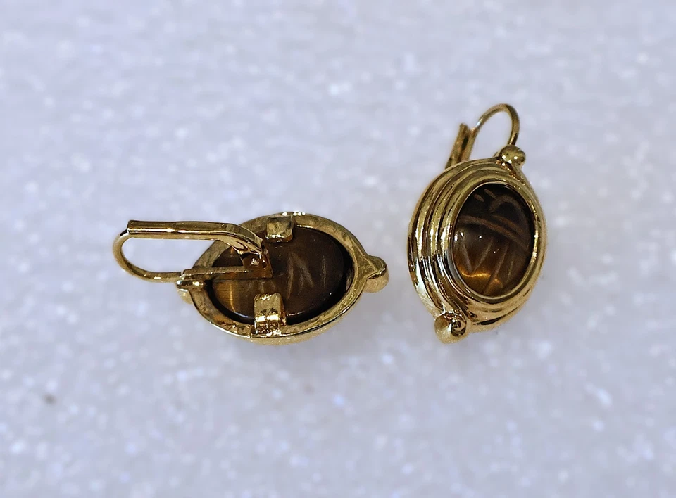 Tiger's Eye Scarab Earrings Gold Tone Dangle French Leverback Foto 2 de 2