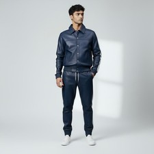 mens leather track suit sweat suit in soft leather, Blue Tracksuit for men's
