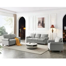 Grey Linen Upholstered Sectional Sofa with Storage - 3-Piece Set