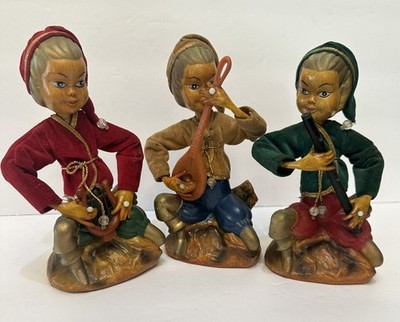Vintage MCM Tilso Golden 3 Pixie Elves Lot Lyre Flute 1960 s Plastic Velvet MCM