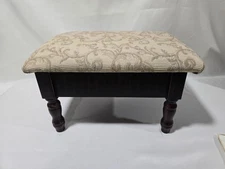 Upholstered Wood Foot Stool Sewing  Stool Storage Box W/ Hinge Lid & Carved Legs