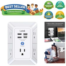 Wall-Mountable 5 Plug Outlet Extender with USB Fast Charging  Surge Protection