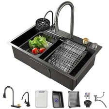 Stainless Steel Kitchen Sink w/Pull out Kitchen Faucet Single Bowl Workstation