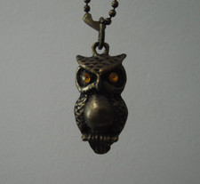 1.25" "Brassy Owl" Rhinestone Amber-Eyed 3D Metal Bird Pendant w/Antique Wash