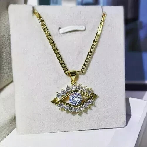2Ct Round Cut Real Moissanite Evil Eye Pendant 14k Yellow Gold Plated 18 Chain - Bild 1 von 4