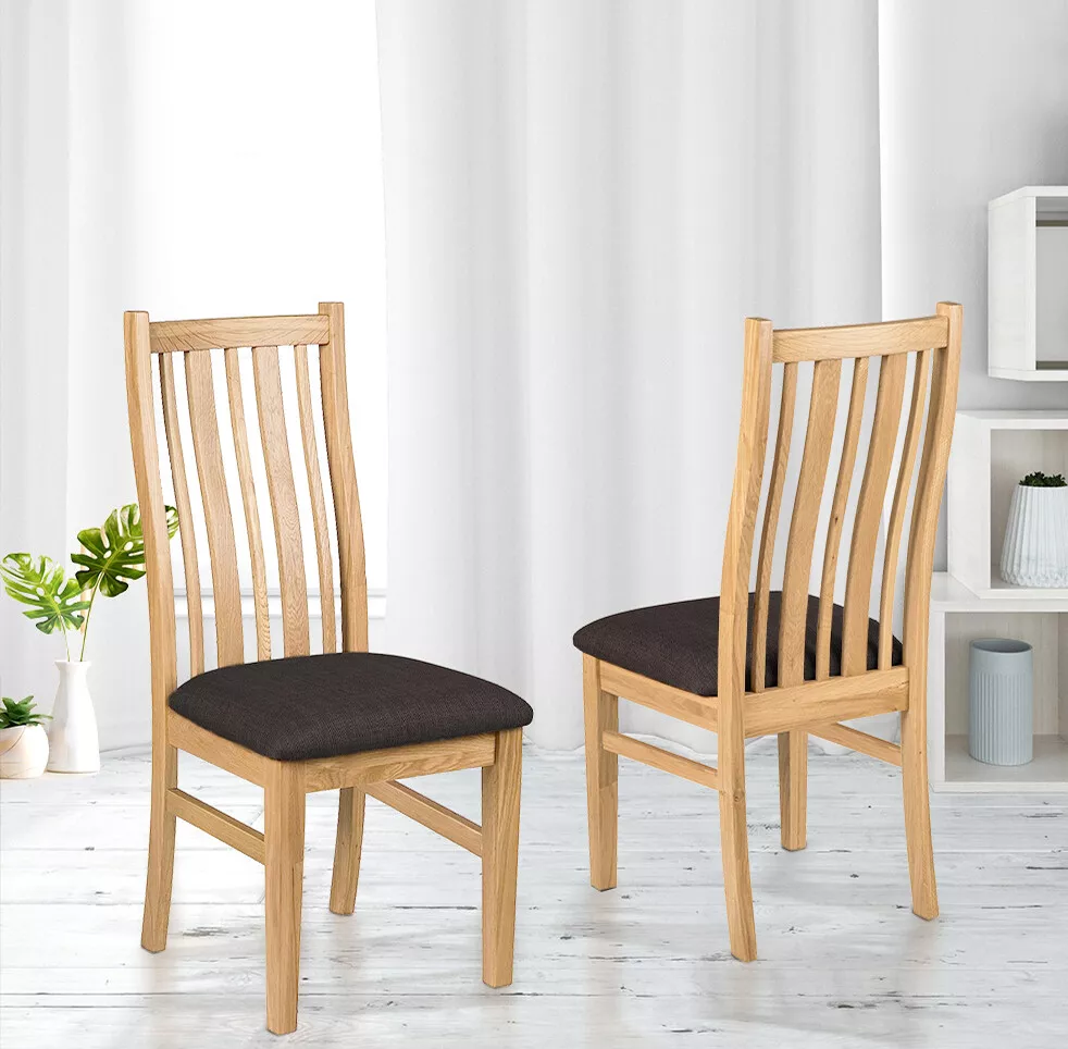 1 Pair Solid Oak Dining Chairs Wooden Kitchen Set of 2 Dark Grey Fabric Seat