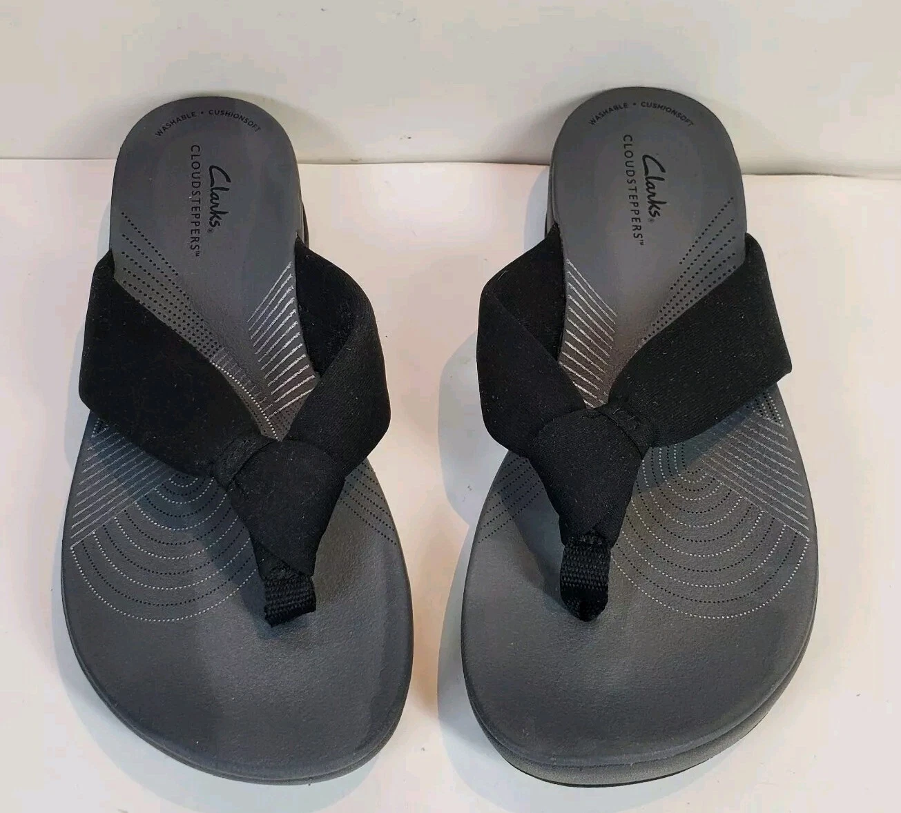 Infradito donna Clarks Arla Glison Cloudsteppers nuovo senza etichette tessuto nero taglia 9 US