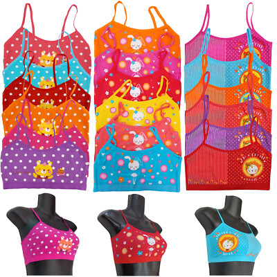 6 Pieces GIRL'S TRAINING BRA MULTICOLOR MULTI DESIGN COTTON SPANDEX 8-12 YRS