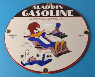 Vintage Aladdin Gasoline Sign Porcelain Woody Gas Service Station Pump Sign