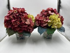  2 Green  Burgundy Hydrangea Arrangement Nearly Natural w/Decorative Planter
