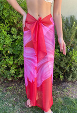 Sheer Sarong Pareo Red Pink Floral Beach Bikini Cover-up Wrap Skirt Dress