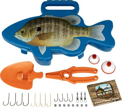 25 Pcs Kids Kit Fishing Tackle Box Wild Bite Panfish Blue Plastic Storage10.75''