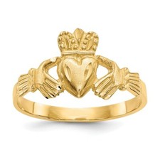 Real 14kt Yellow Gold Satin and Diamond-cut Claddagh Ring S:6