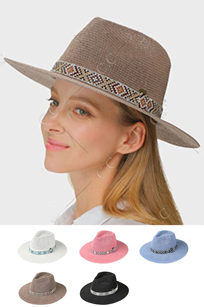 C.C Women Solid Color Paper Straw Aztec Beads Trim Band Panama Hat