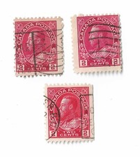 Canada King George V Perforation shift postage stamps 1911-1918 x 2, off paper