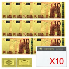 10pcs in Shell Ten Euro Gold Foil Plastic Banknotes Holiday Gifts Art Crafts