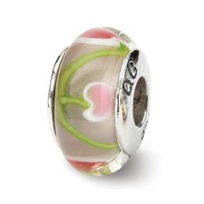 Pink Green Hand Blown Glass Bead .925 Sterling Silver Antiqued Reflection Beads