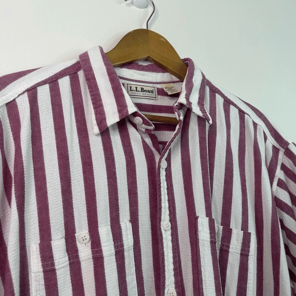 VTG L.L. Bean Cool Weave Shirt Men’s XL Tall Burgundy White Stripe 100% Cotton - Image 4 of 4