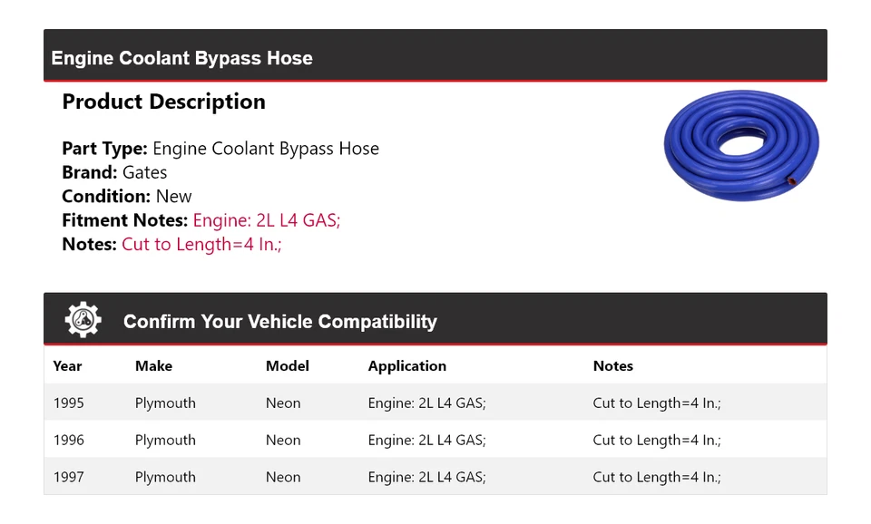 For 1995-1997 Plymouth Neon 2L L4 GAS Engine Coolant Bypass Hose Gates 1996 - Image 2 of 4
