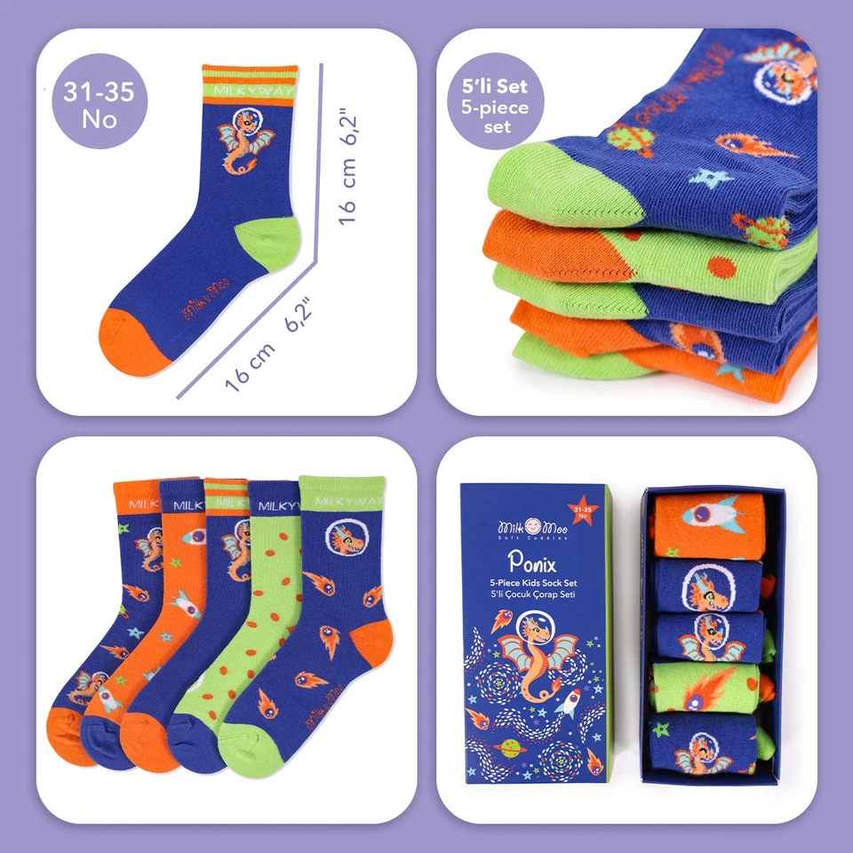 Paquete de 5 calcetines Milk&Moo Ponix para niños, talla 31-35, diseño divertido y suave, colorido Daily Foto 3 de 4