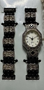 Vtg Geneva Marcasite Watch Women 18mm Silver Tone Patina MOP Dial New Battery 7\