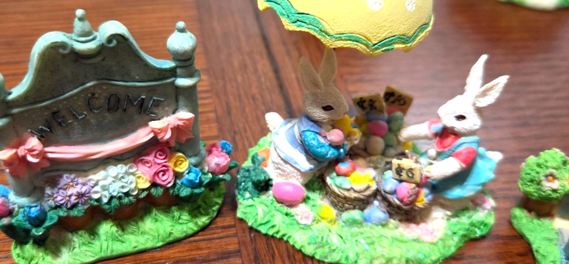 Easter Bunny Rabbit Village Lot 16 Pc Figurines Bridge Signs Spring ...