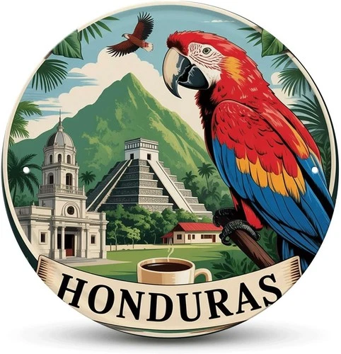 Honduras Macaw and Mayan Ruins Tin Metal Signs Home Décor Vintage Honduras Trave