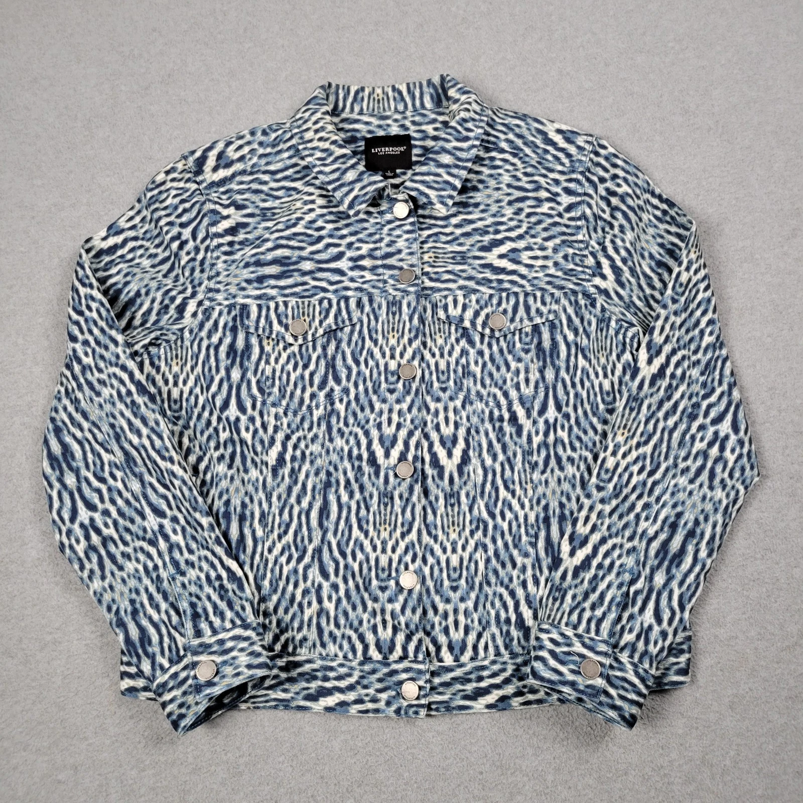 Liverpool Los Angeles Classic Jean Jacket Women Large Blue Leopard Stretch Biker