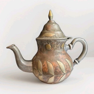 Vtg Moroccan Mixed Metal Teapot Atay Copper Brass Silver Ceramic Accent Handle